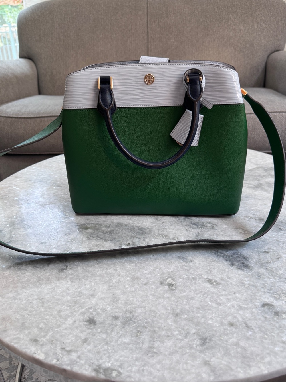 Tory Burch Green & White Satchel Tote